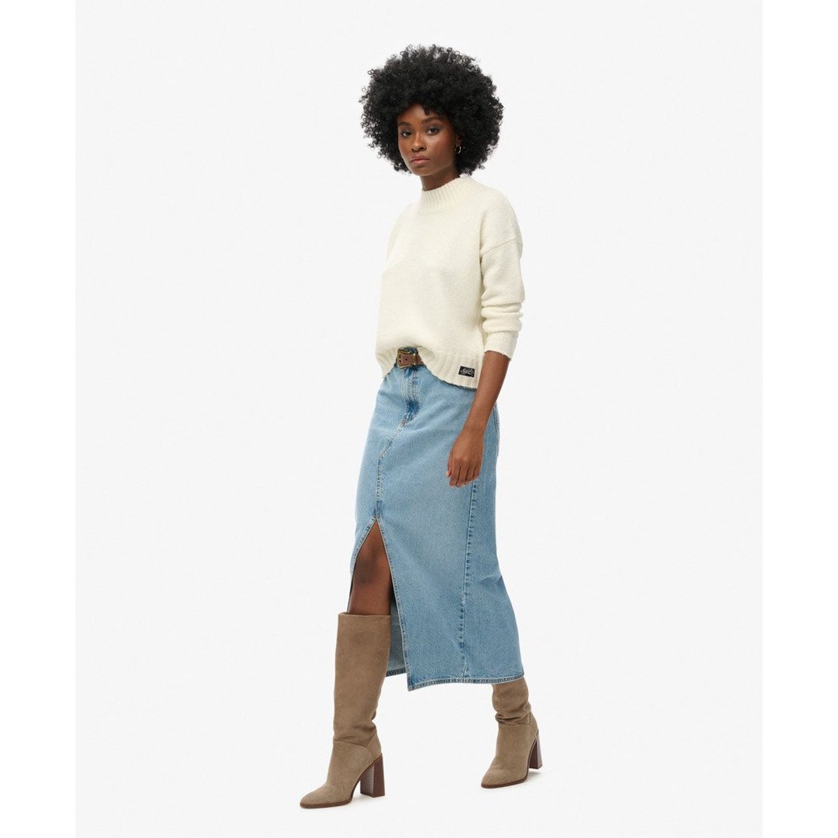 Jupe longue fendue en jean bleu beach, SUPERDRY