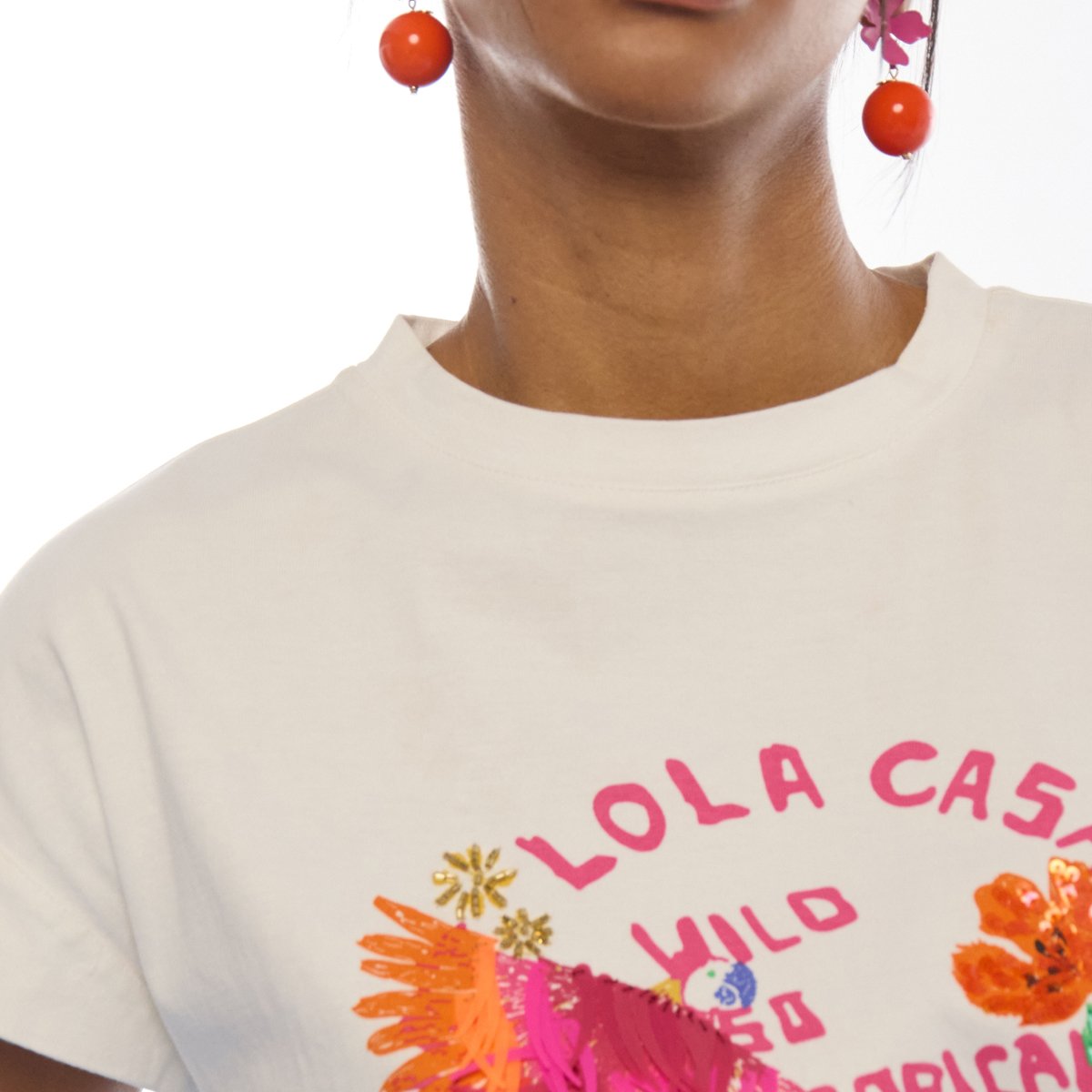 T-shirt coton coupe droite brodé à motif tropical blanc, LOLA CASADEMUNT