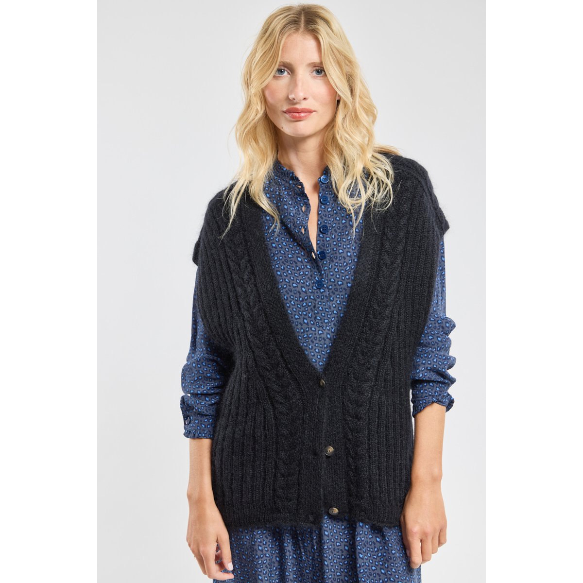 Gilet sans manche Côme en mohair noir, TERRE & MER