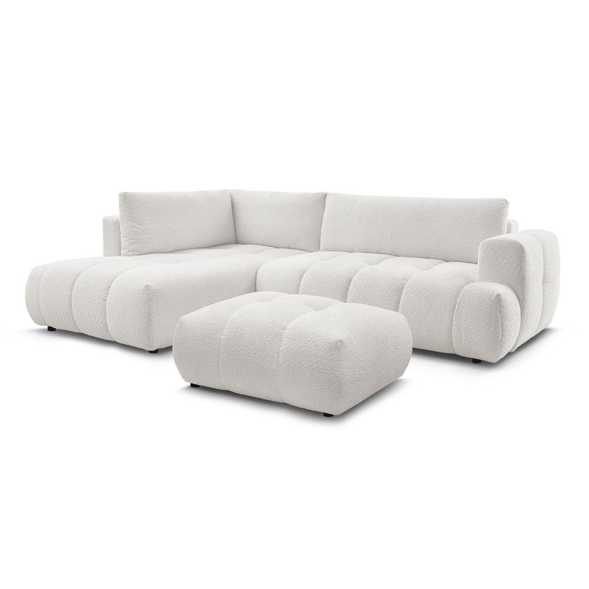Canapé d'angle convertible 4 places en tissu bouclette avec pouf, FUJI blanc, BOBOCHIC