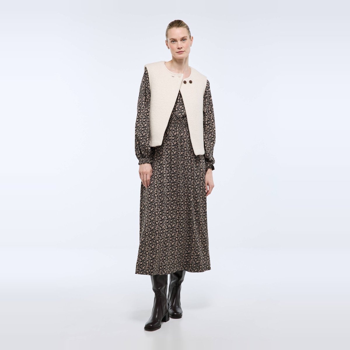 Robe midi smockée imprimée noir, MONOPRIX