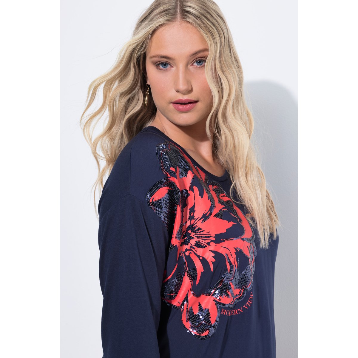 T-shirt oversize à col rond et manches 3/4 marine, ULLA POPKEN
