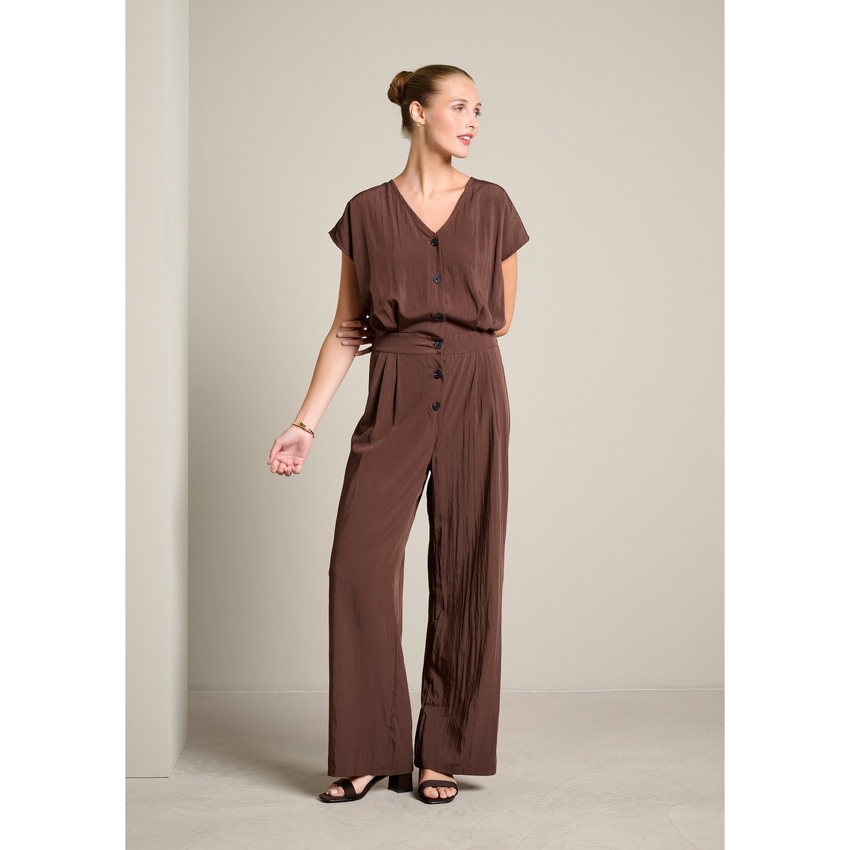 Combinaison fluide boutonnée brun fonce chocolate, LOLALIZA