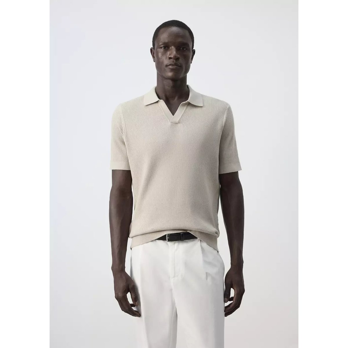 Polo coton mélangé maille côtelée beige, MANGO MAN