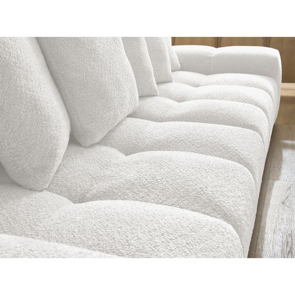 Canapé droit convertible 4 places en tissu bouclette avec pouf, ANAKIN blanc, BOBOCHIC