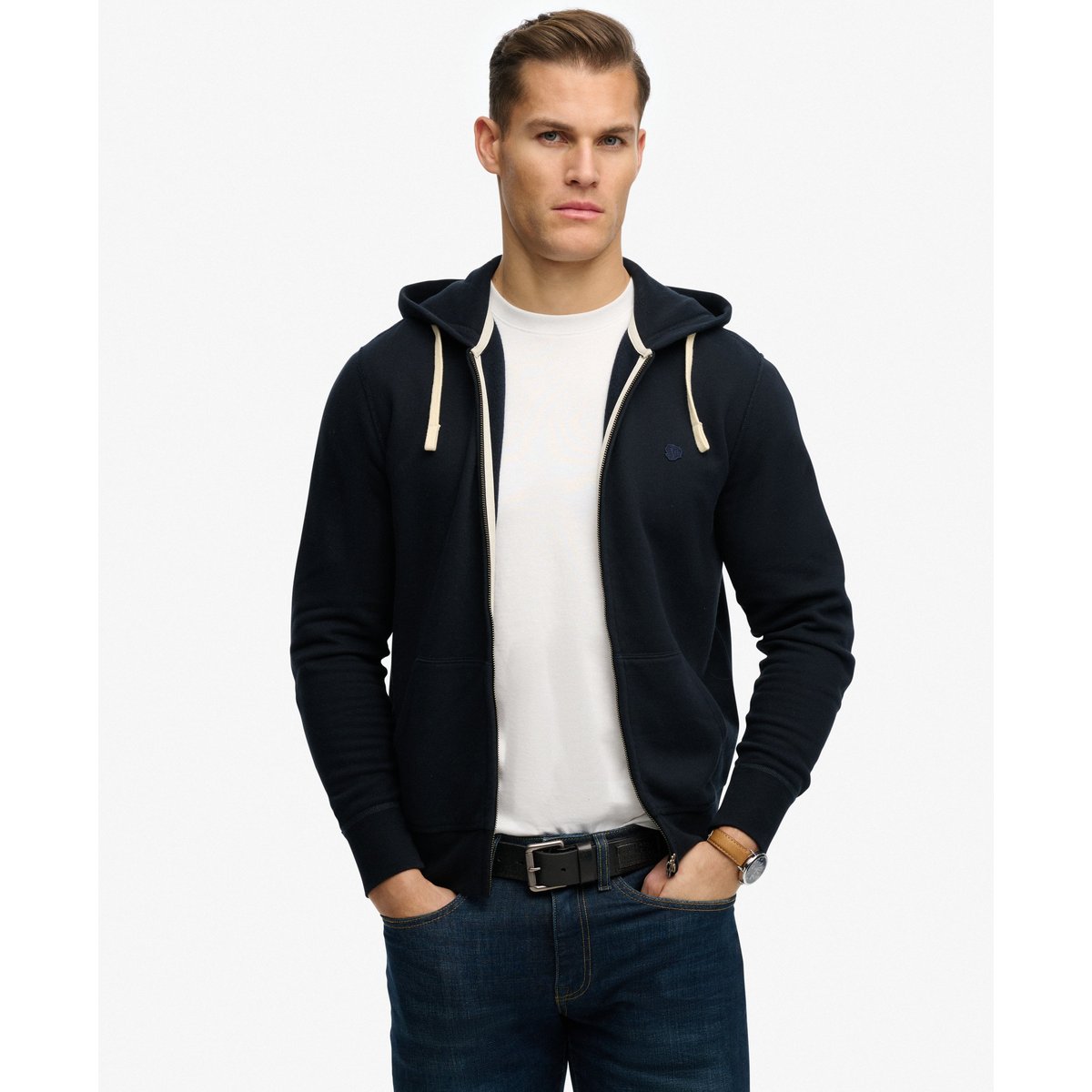 Sweat à capuche zippé Monogram brodé bleu marine foncé, SUPERDRY