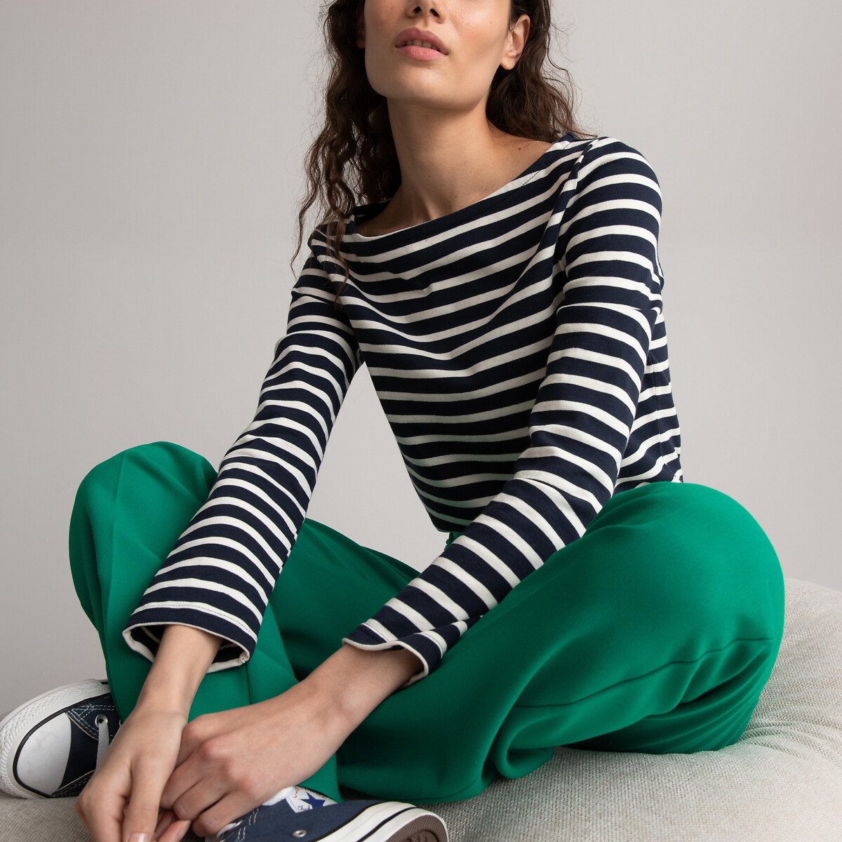 Striped Boat Neck T-Shirt with Long Sleeves navy with ecru stripes, LA REDOUTE COLLECTIONS