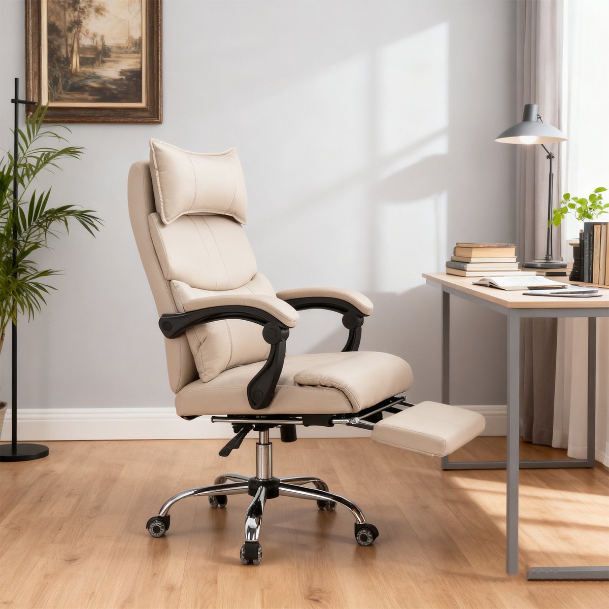 Fauteuil de bureau ergonomique pivotant avec double soutien lombaire et hauteur réglable, ABBOOTE kaki, MEUBLES COSY