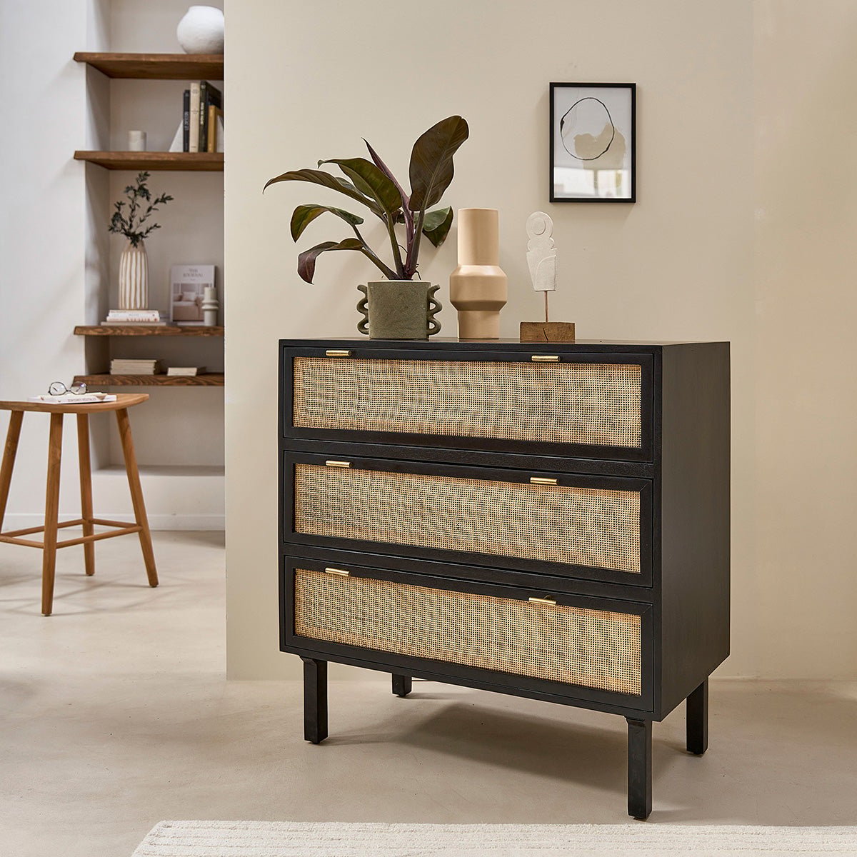 Commode en bois et cannage 90 cm 3 tiroirs BLAISE noir, BERAH GETAH