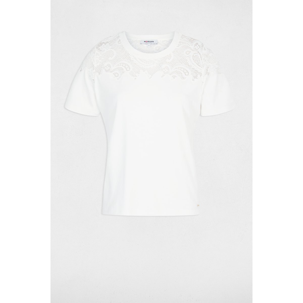 T-shirt dentelle manches courtes blanc, MORGAN