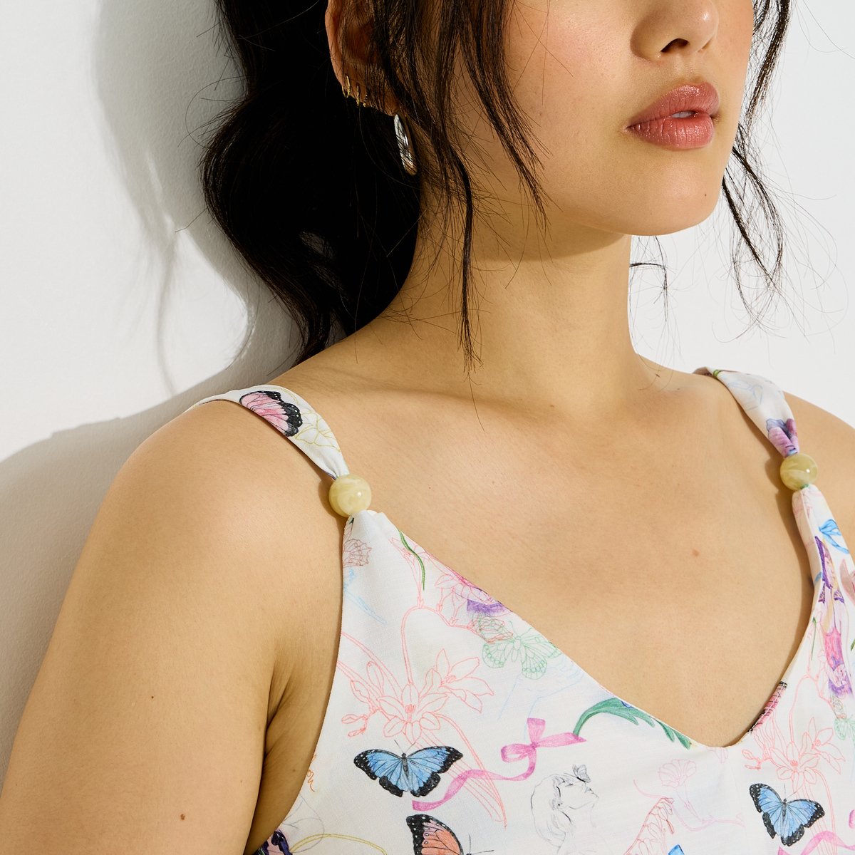 Robe longue fluide imprimée à bretelles blanc cassé ecru, GRAIN DE MALICE