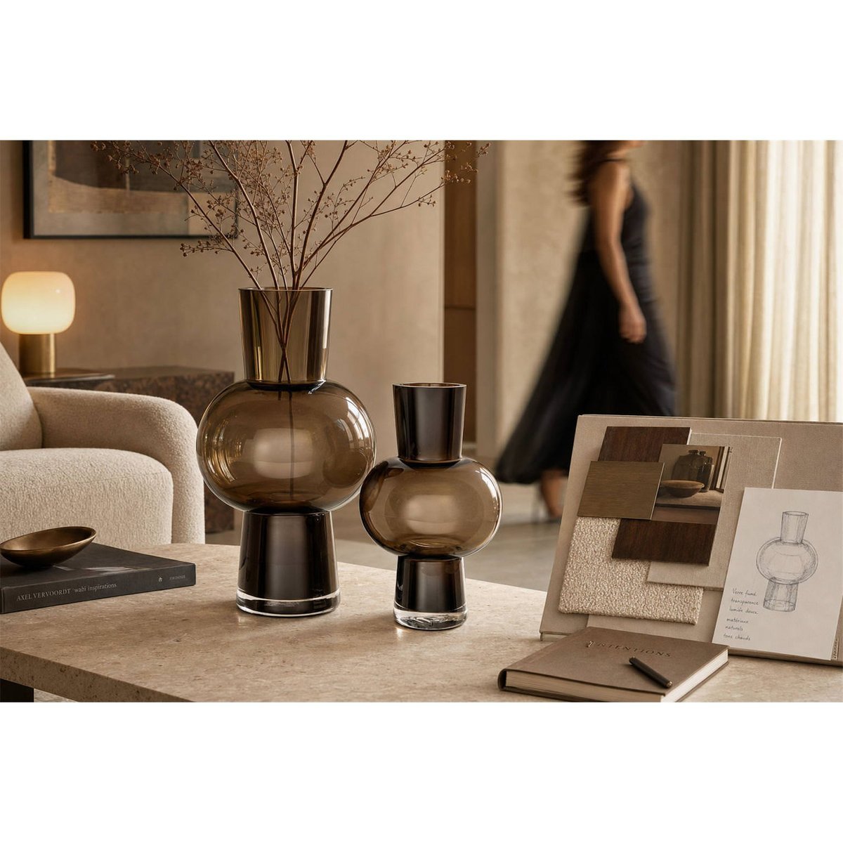 Vase sculptural en verre fumé brun fumé, RECOLLECTION