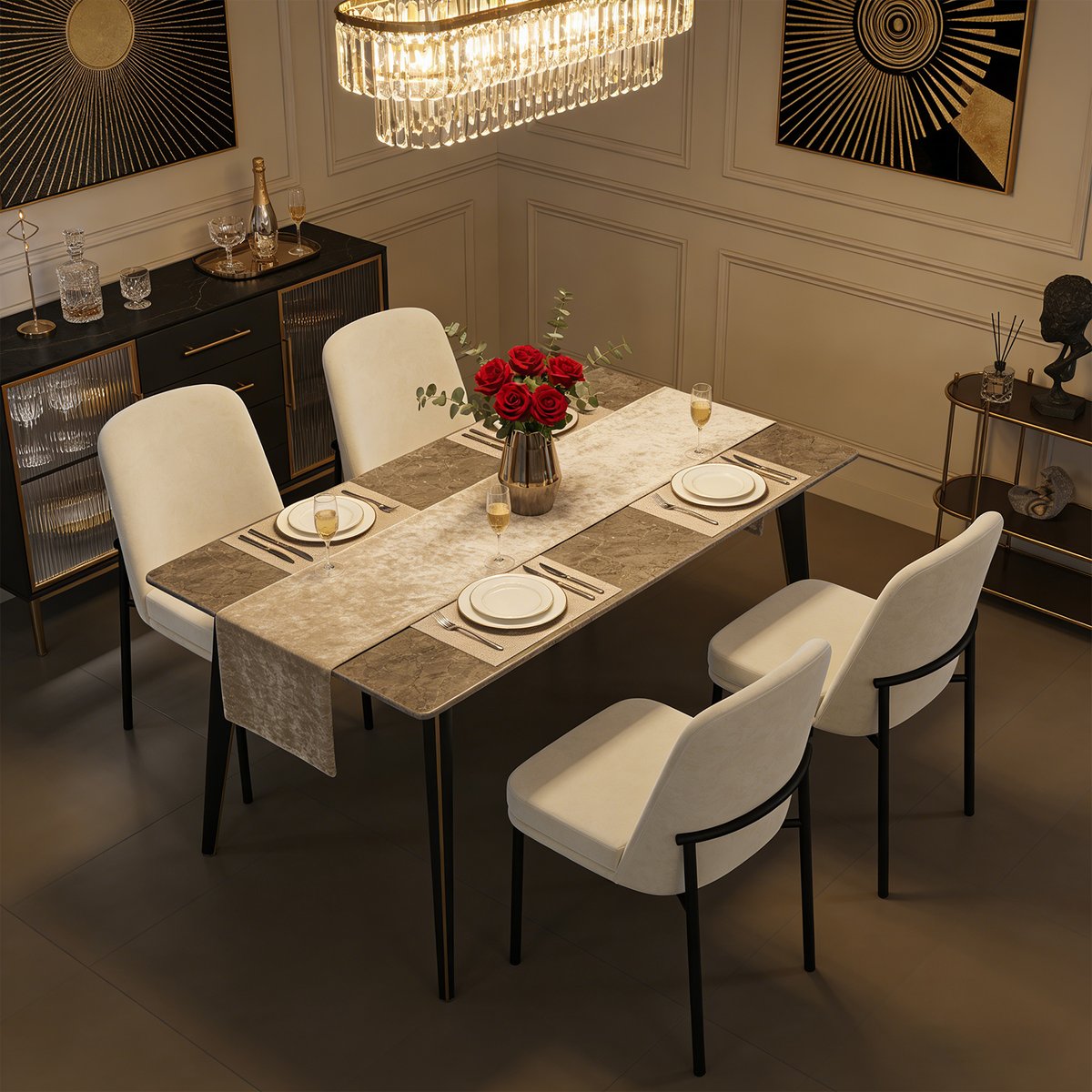 Lot de 4 chaises de salle à manger en velours avec pieds métal, DUORAUC beige, MEUBLES COSY