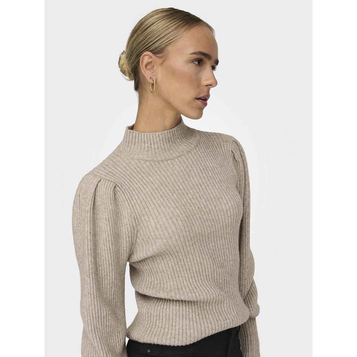 Pull con maniche a palloncino, girocollo beige chiaro, ONLY