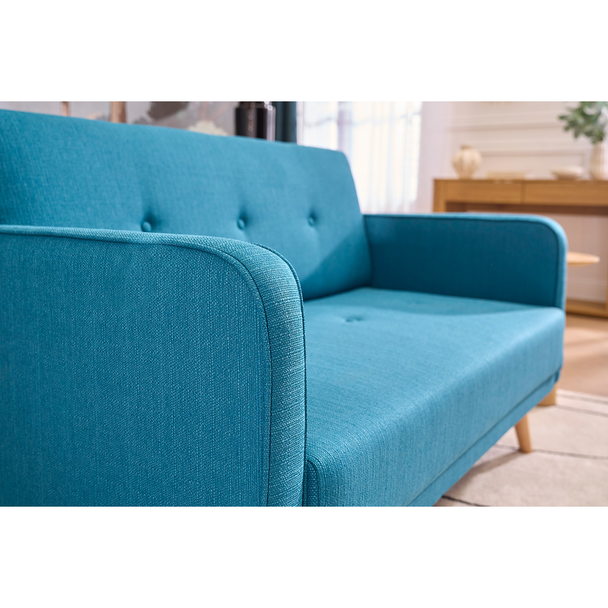 Canapé scandinave 2 places en tissu et bois ULLA bleu canard, MILIBOO