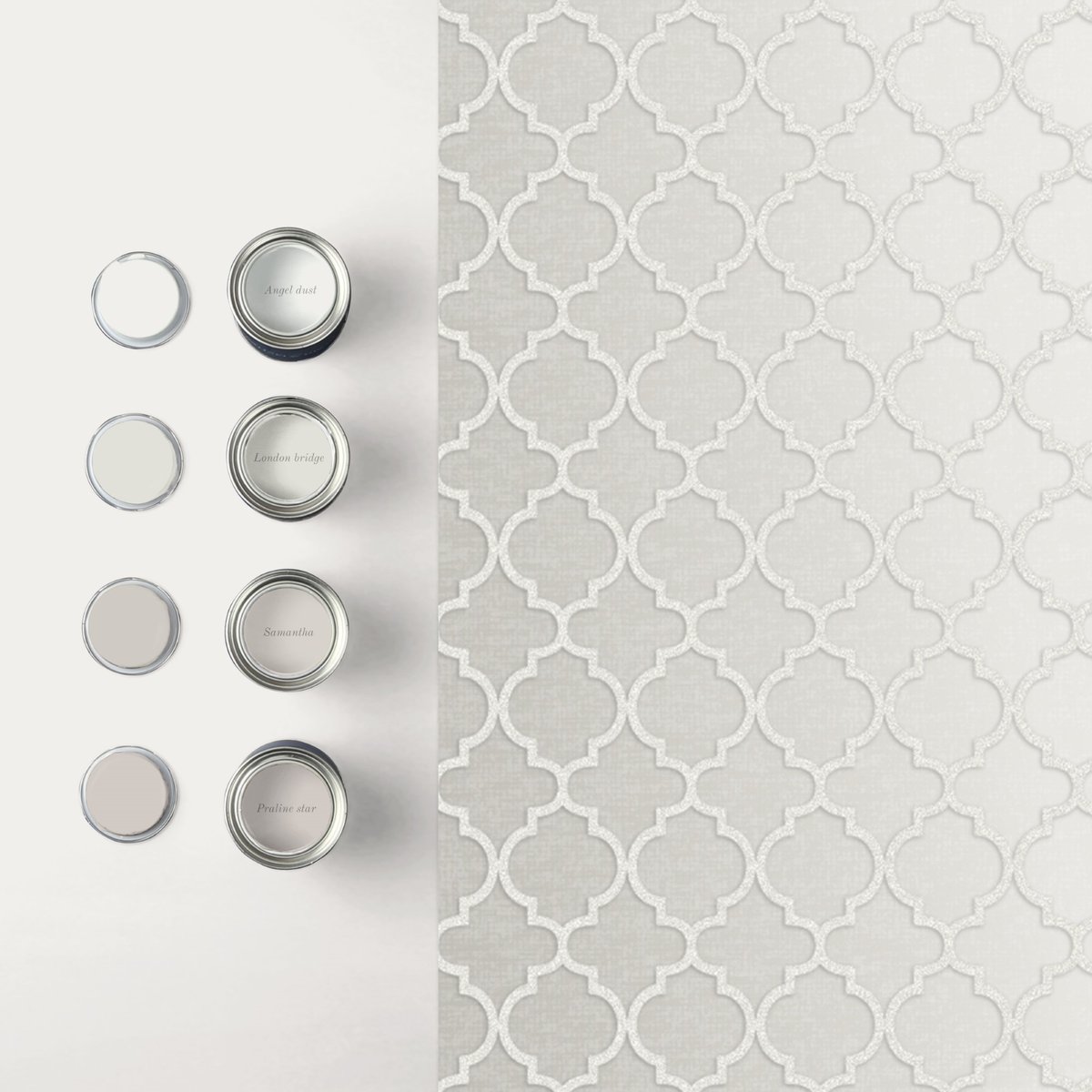 Papier peint quadrillage Trelliage nacré blanc argenté, GRAHAM ET BROWN