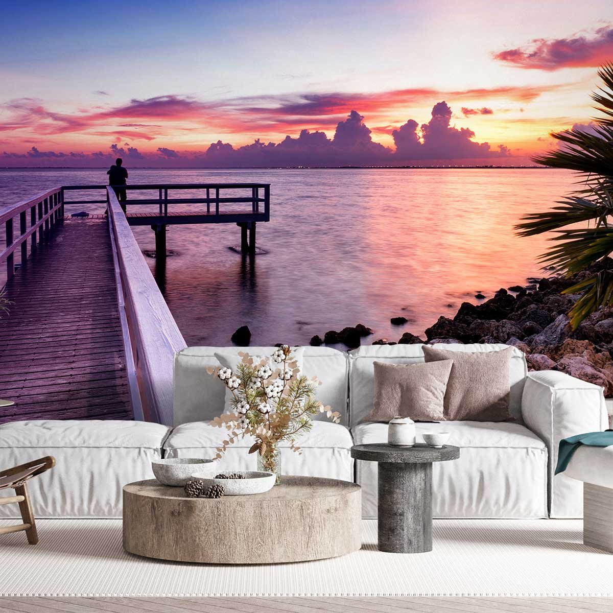Papier peint panoramique coucher de soleil a miami intissé, HEXOA
