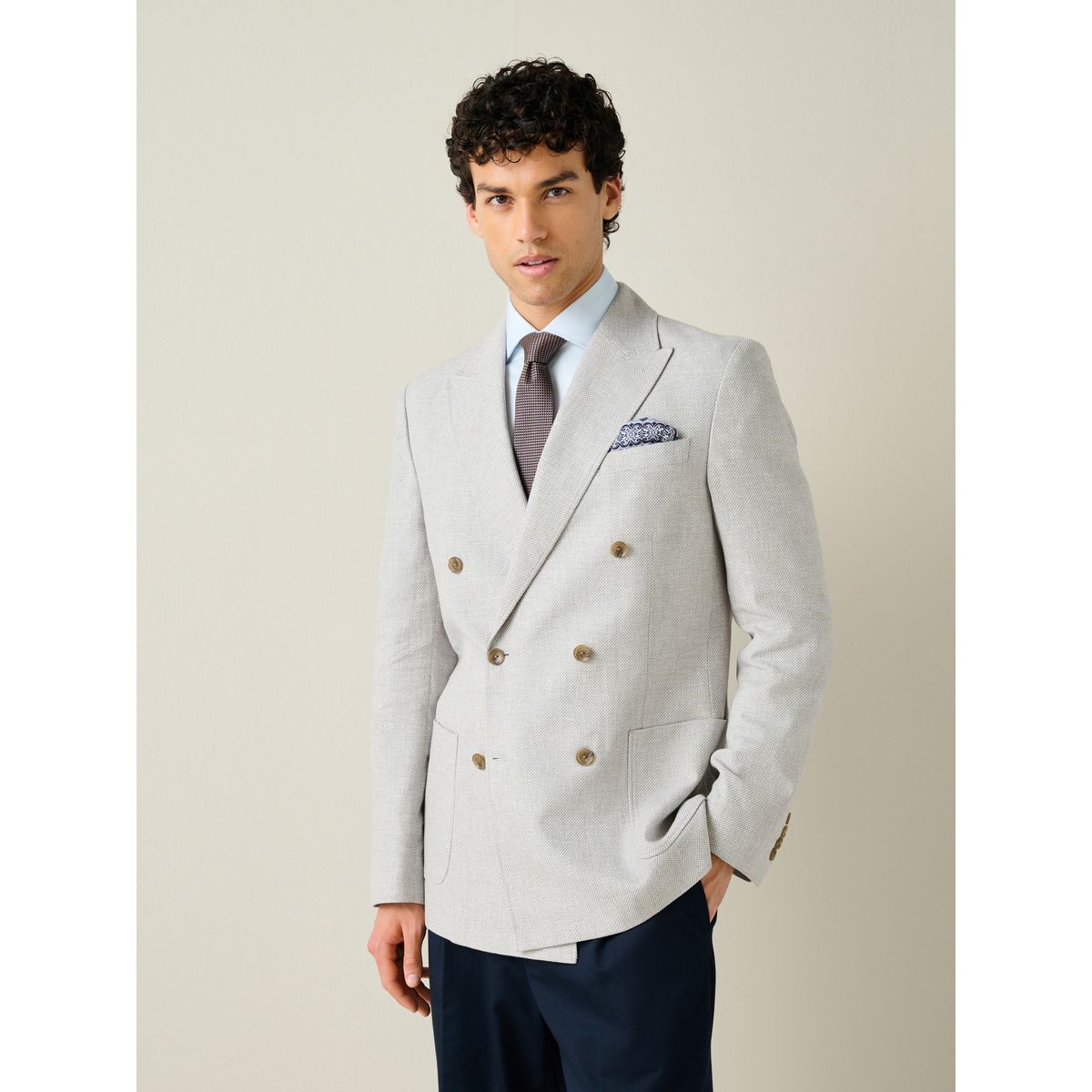 Blazer croisé en lin mélangé texturé gris clair, NEXT