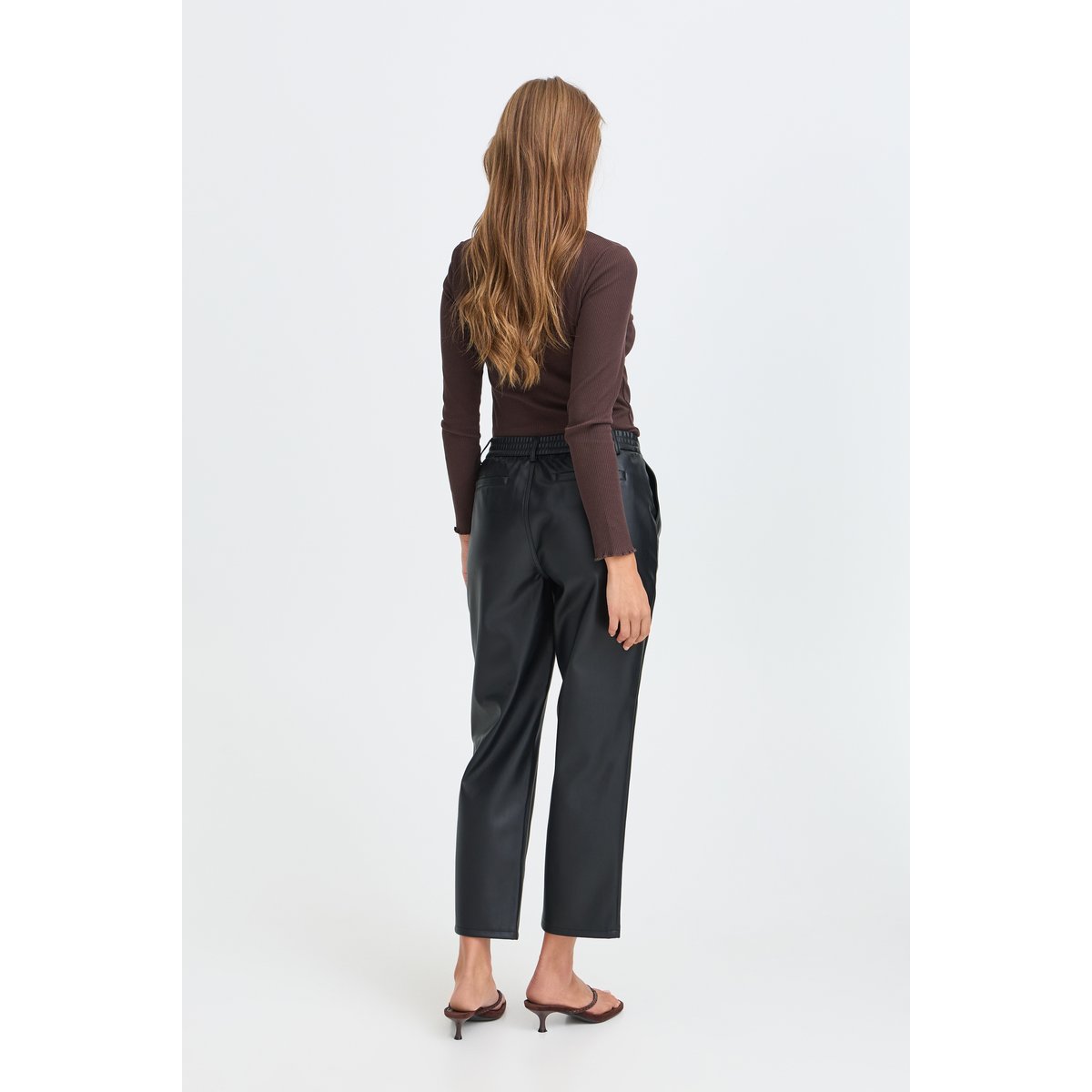 Pantalon imitation cuir, longueur cheville, coupe droite noir, B.YOUNG