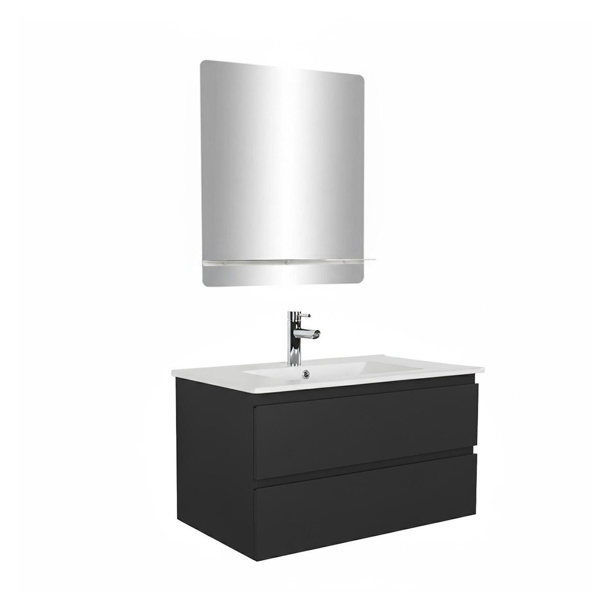 Meuble simple vasque 80cm décor chêne avec robinet et miroir SORRENTO noir satiné, MOB IN