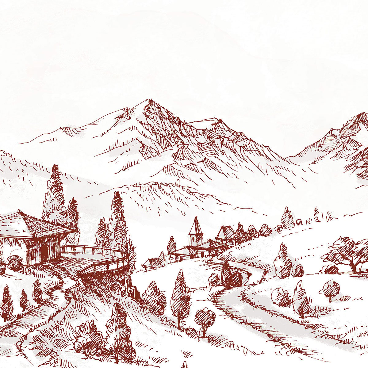 Papier peint dessin de montagnes intissé, HEXOA