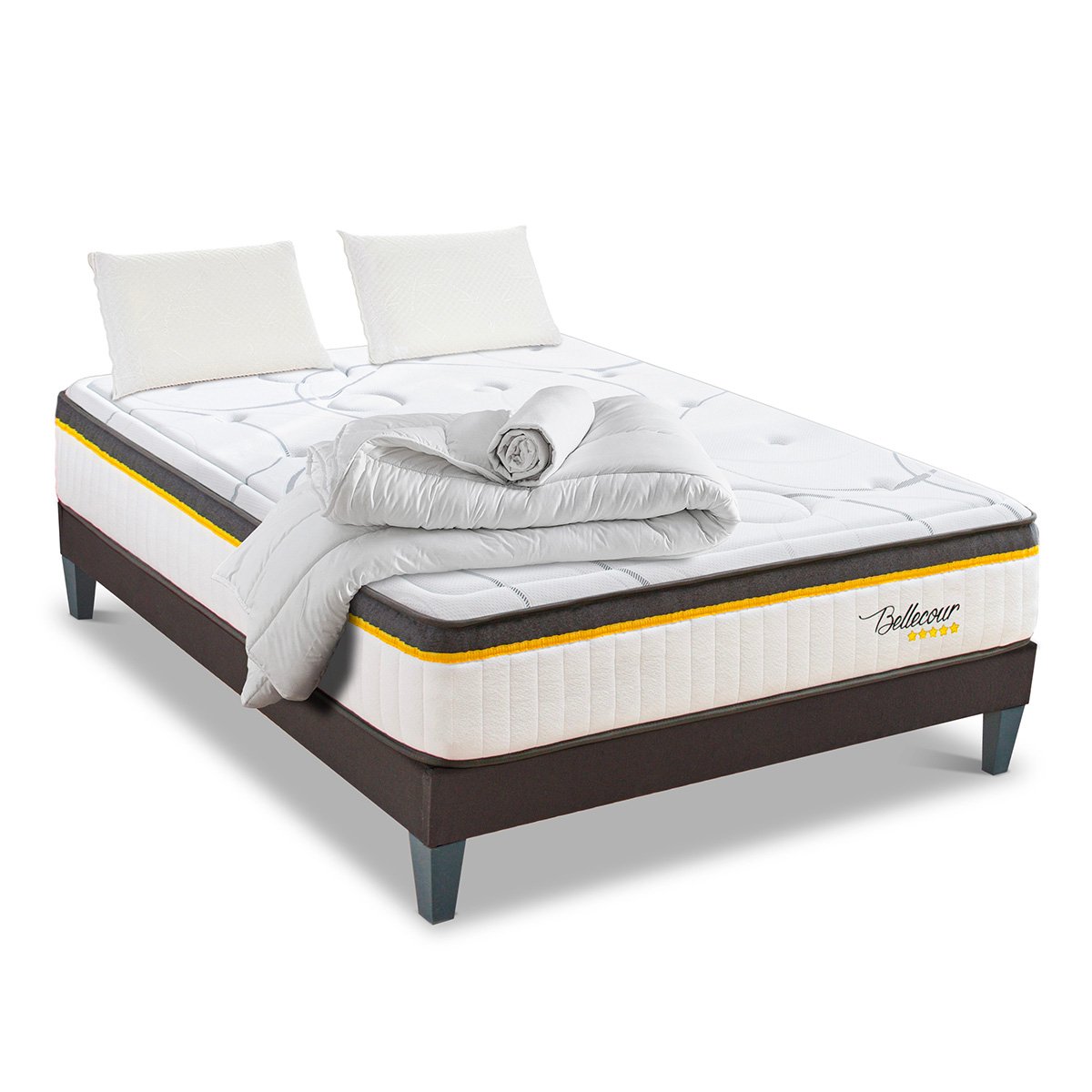 BELLECOUR LITERIE Pack Bellecour 3.0 90x190 cm Matelas Ressorts + Sommier Bois + Accessoires blanc, BELLECOUR