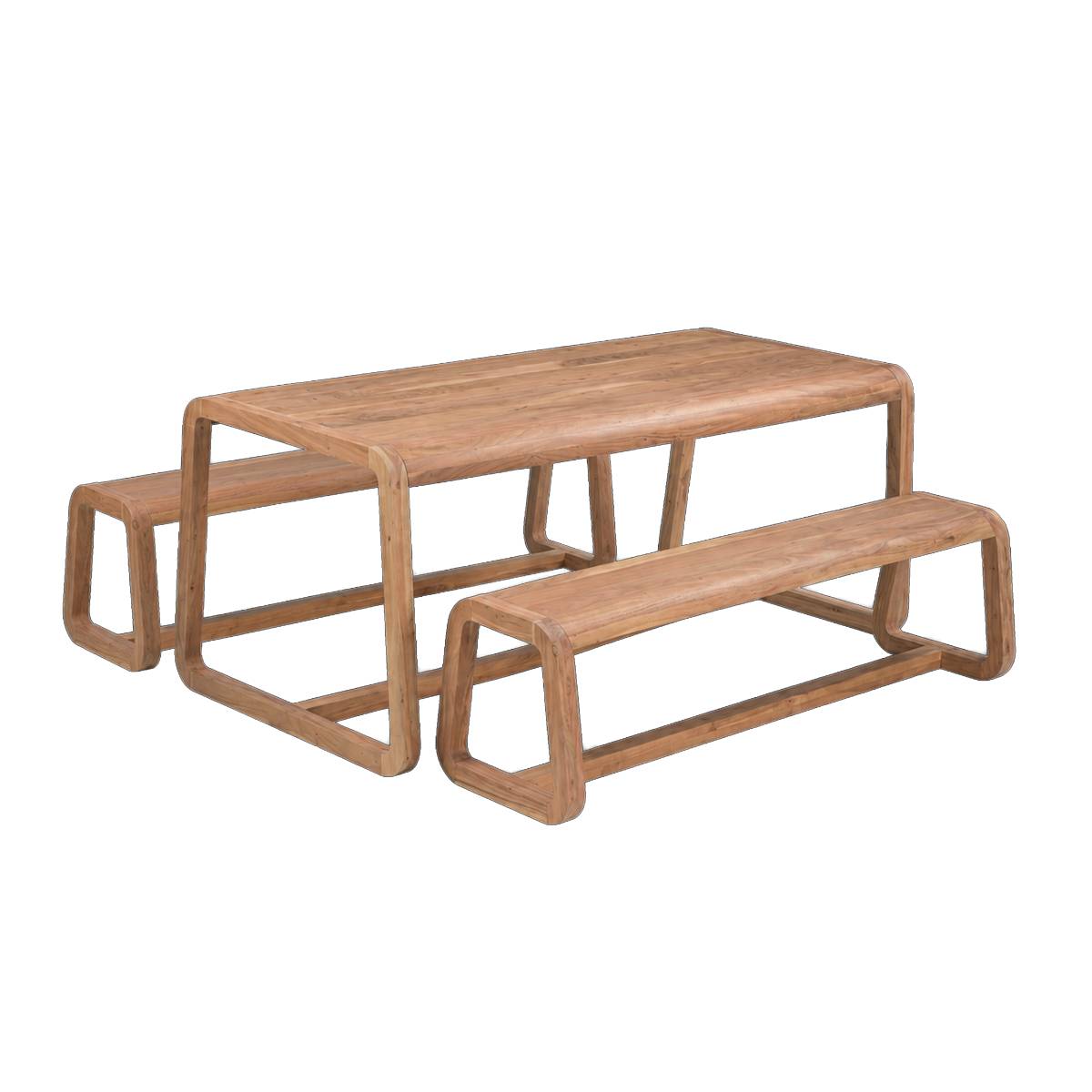 Table à manger et bancs en bois d'acacia KALANI bois clair, MADE IN MEUBLES 
