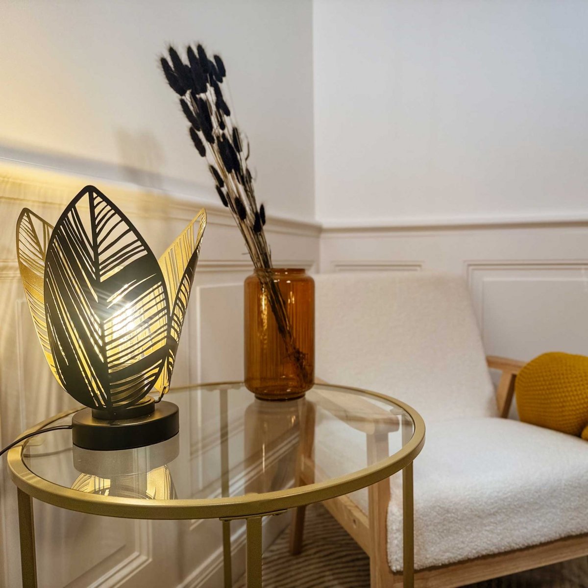 Lampe à poser en métal perforé, ELFINE noir et doré, C-CREATION