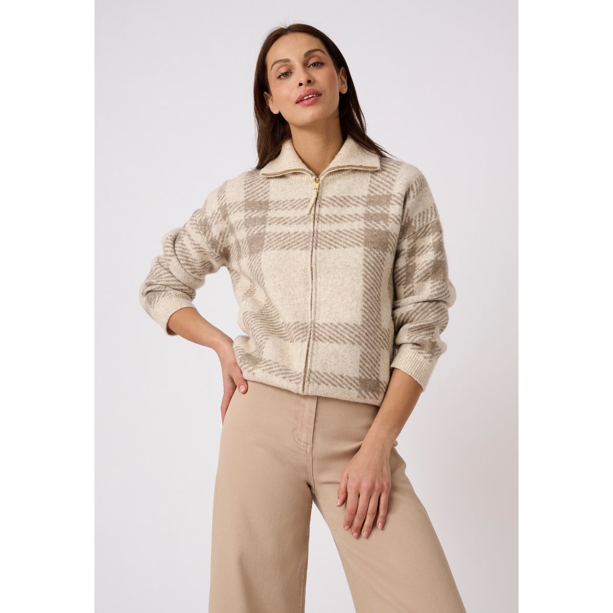 Gilet zippé maille jacquard Thermolactyl marron taupe carreaux, DAMART