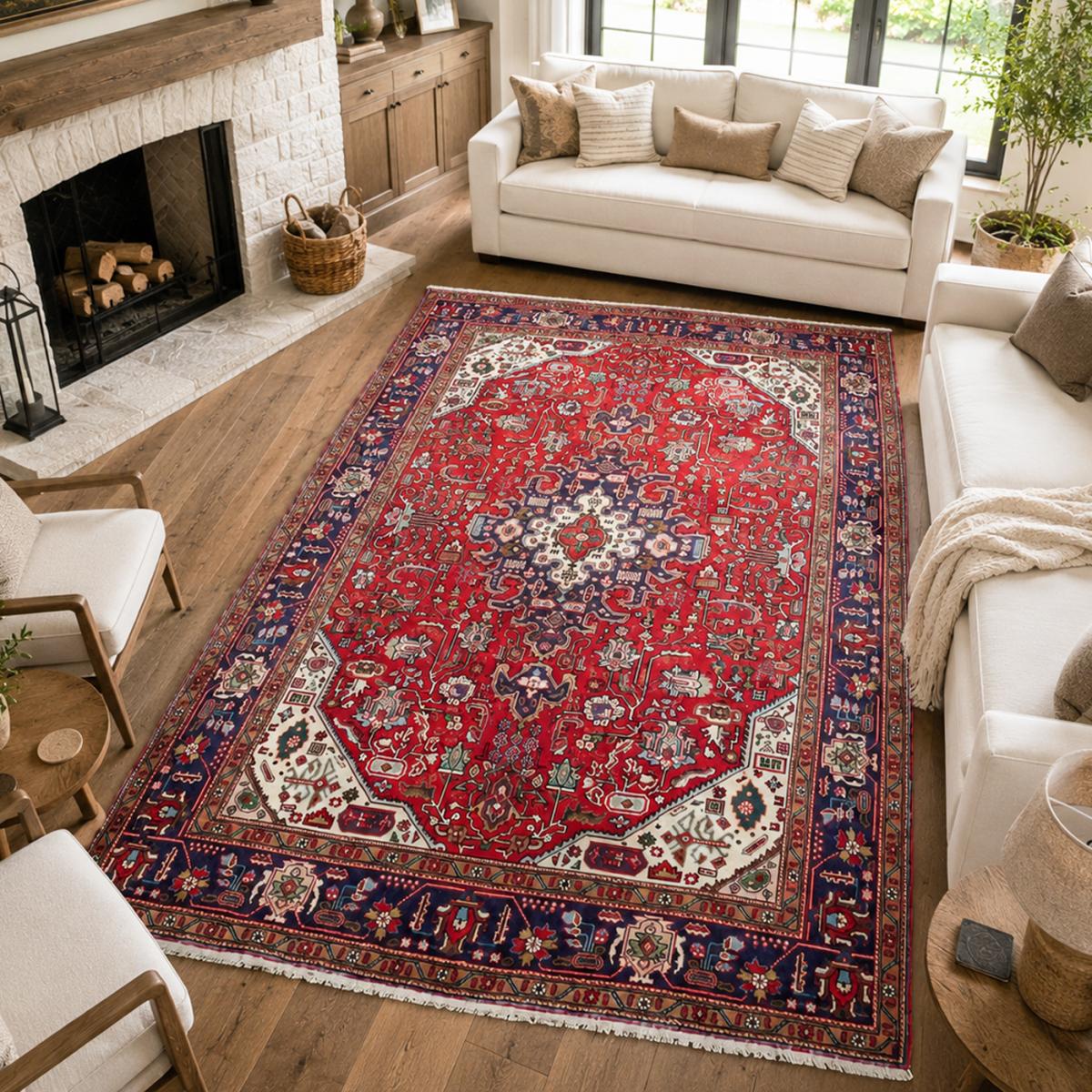 Tapis d'orient authentique, noué main, laine et soie, TABRIZ C rouge, bleu, crème, UN AMOUR DE TAPIS