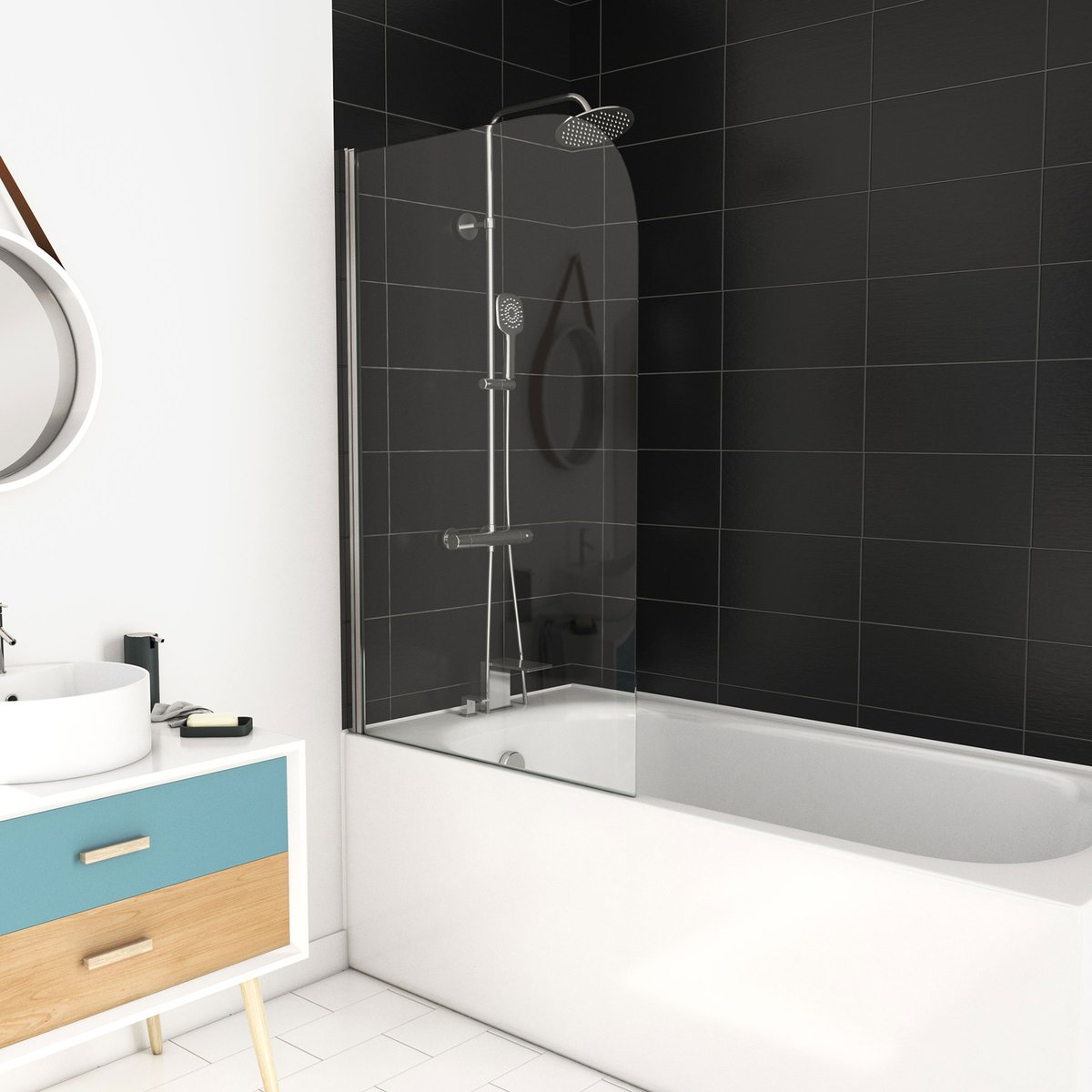 Pare baignoire pivotant courbé en verre trempé argent, HOME MAISON