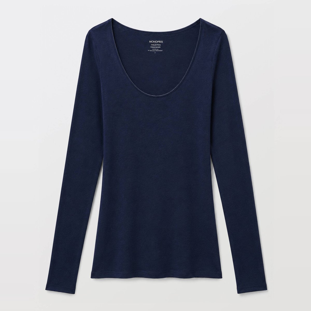 T-shirt manches longues col ouvert contenant de la laine marine, MONOPRIX
