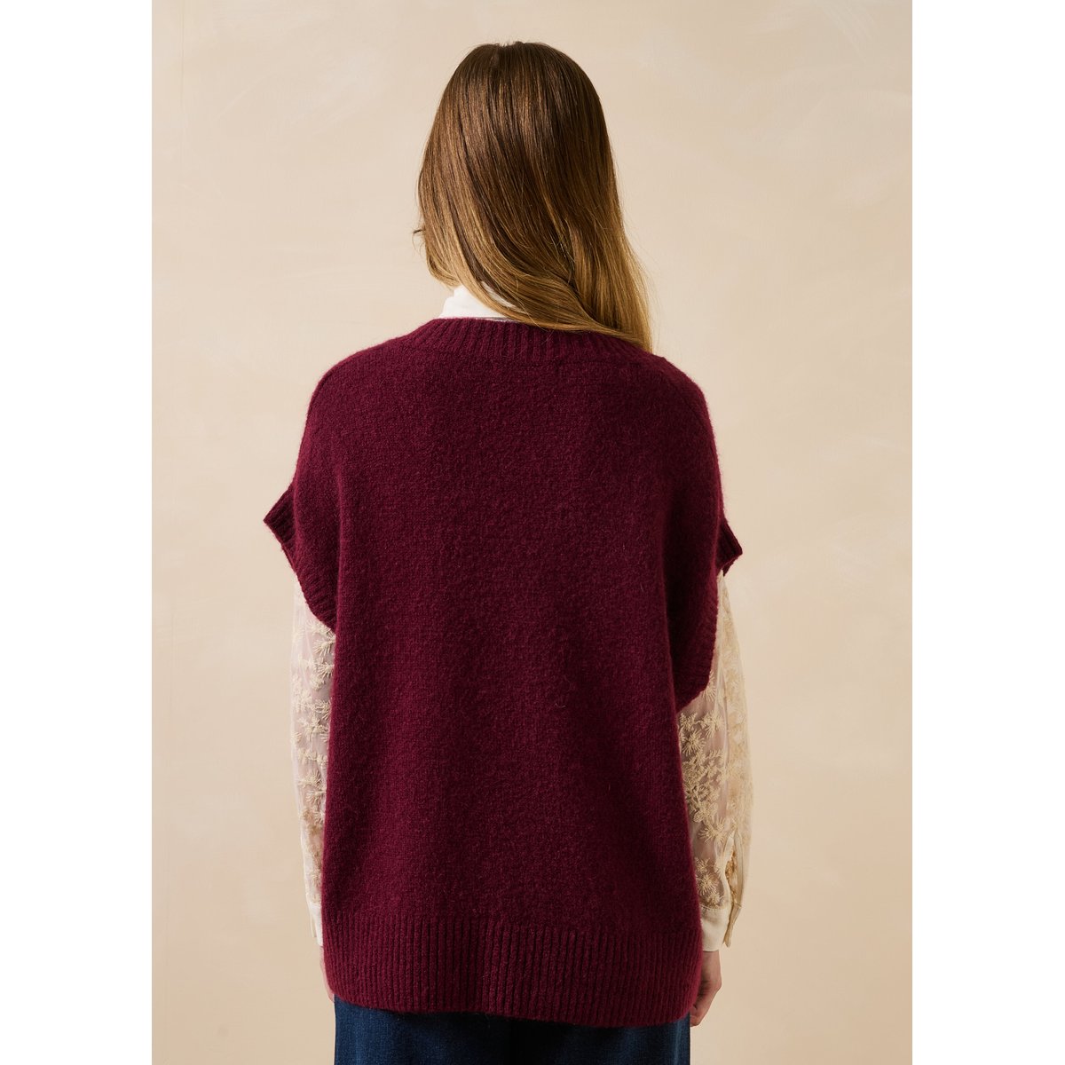 Pull manches courtes ample à col V aubergine, LA FEE MARABOUTEE