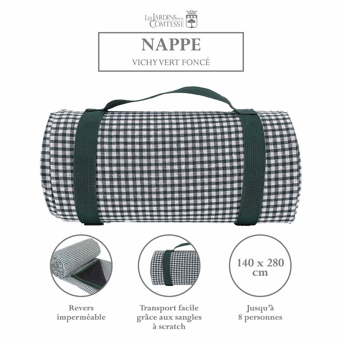 Nappe pique-nique XL à revers imperméable vichy vert foncé, LES JARDINS DE LA COMTESSE