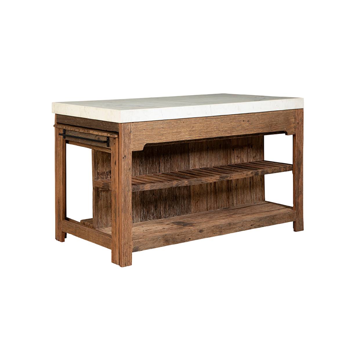 Ilot avec table extensible en bois recyclé et en marbre CAPUCINE bois foncé, MADE IN MEUBLES