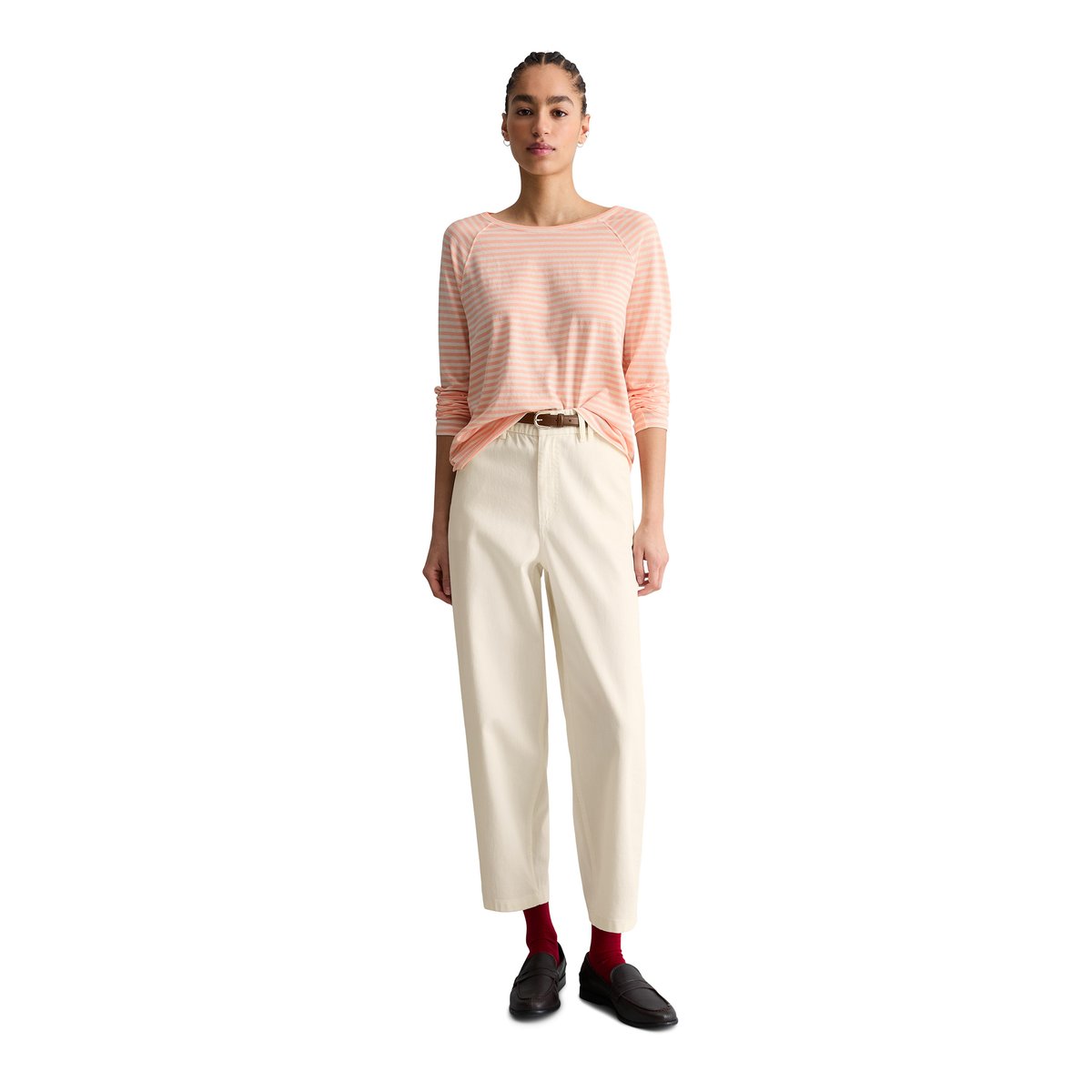 T-shirt long rayé relaxed en jersey à mailles lâches rose pale, MARC O’POLO DENIM