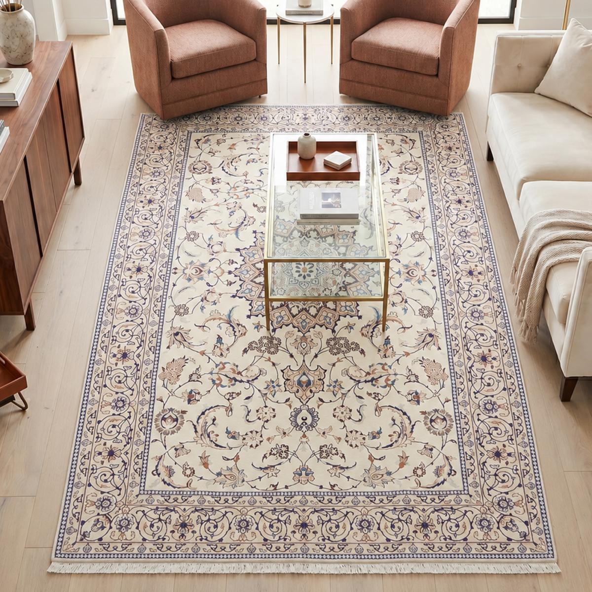 Tapis d'orient, motif oriental, noué main, laine et soie, NAIN 9LA 34 crème, beige, bleu, UN AMOUR DE TAPIS