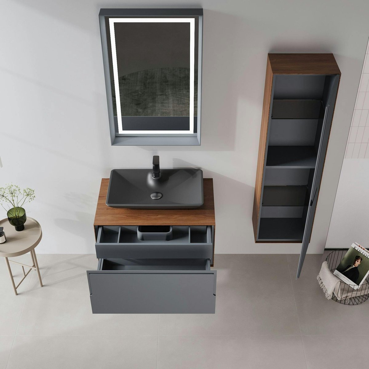 Meuble vasque suspendu 80 cm, 2 tiroirs RIA gris, PIER IMPORT
