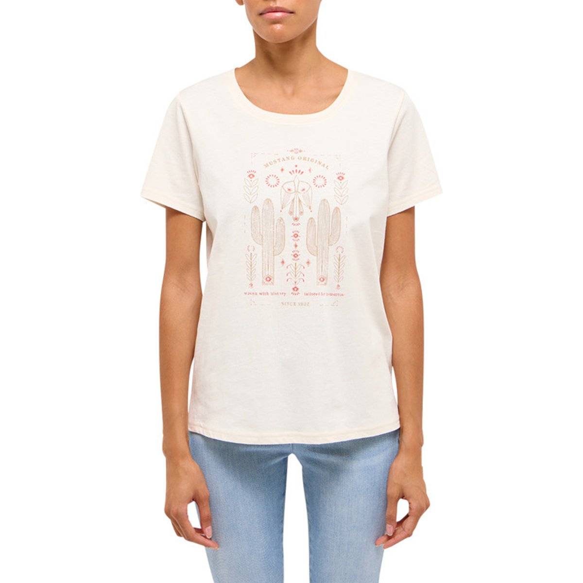 T-shirt en coton écru uni pourvu d'un col rond et d'une coupe droite beige, MUSTANG