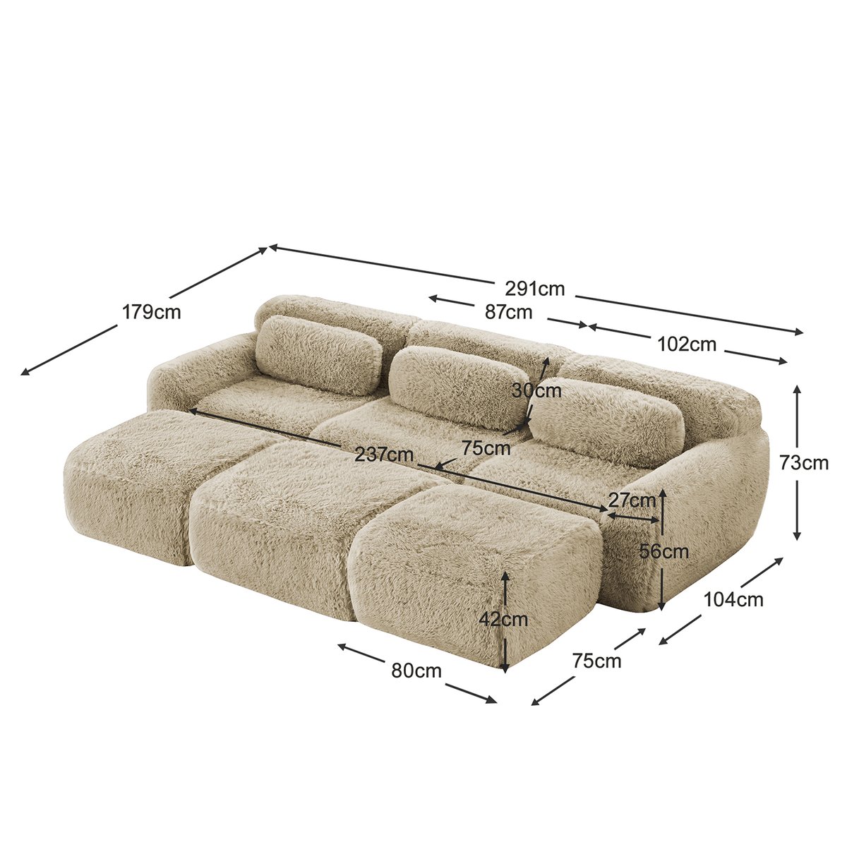 Canapé d'angle réversible 3 places avec 3 poufs, WIND kaki, MEUBLES COSY