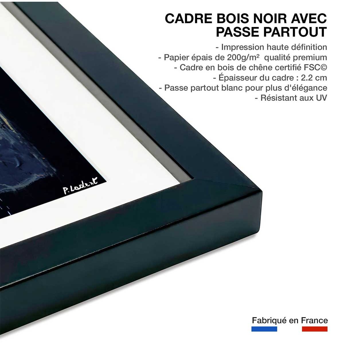 Affiche abstraite monochromatique de bleus affiche + cadre en bois - noir, HEXOA