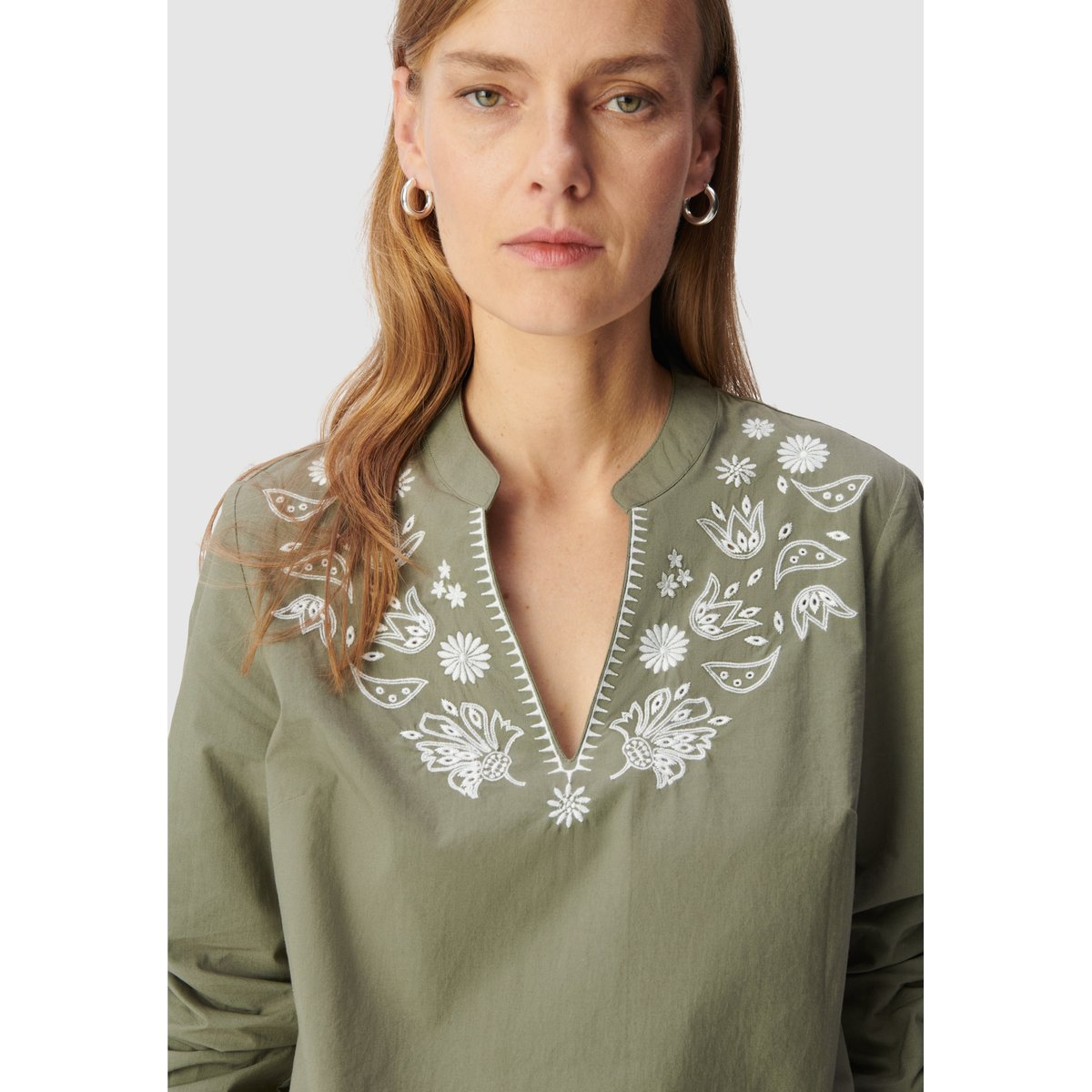 Blouse coton bio broderies plastron kaki, IKKS