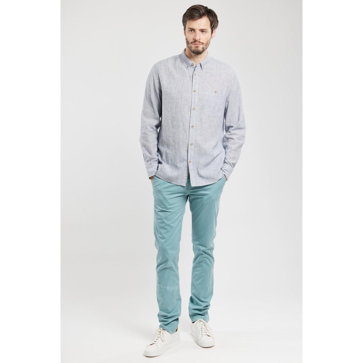 Chemise en lin et coton ELINE navy raye, BERMUDES