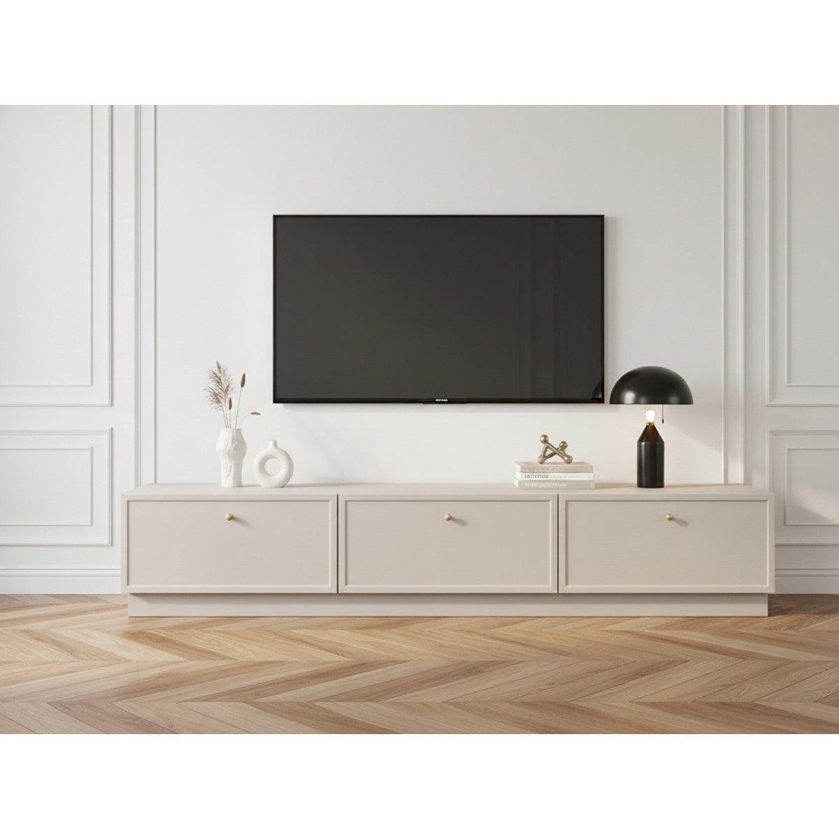 Meuble TV 200 cm panneaux de particules, LORINA beige, BOBOCHIC