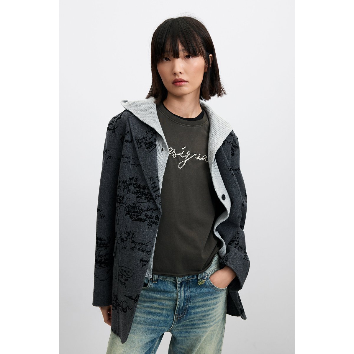 blazer droite en laine à motif graffiti noir, DESIGUAL