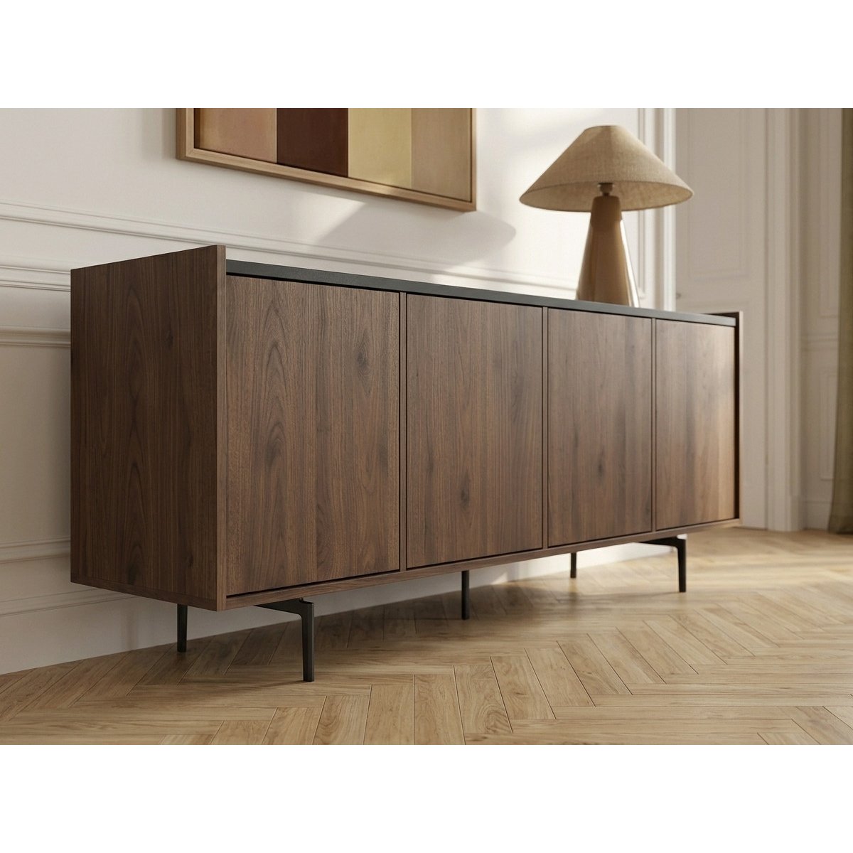 Buffet bas en 4 portes 200 cm, FREDA noir et noyer, BOBOCHIC