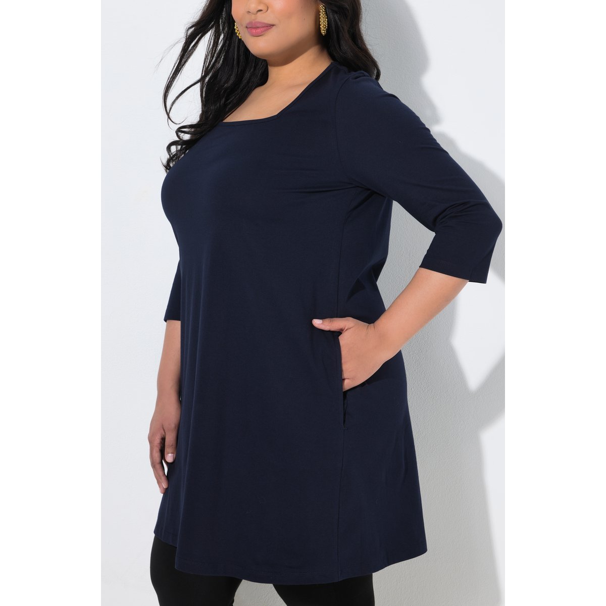 T-shirt long, coupé évasée marine, ULLA POPKEN