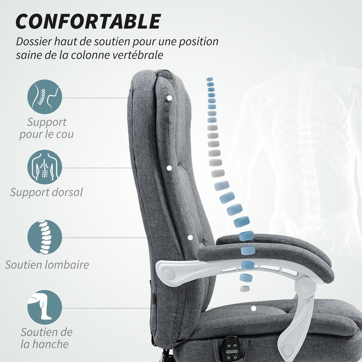 Fauteuil de bureau avec fonction massage gris, HOMCOM