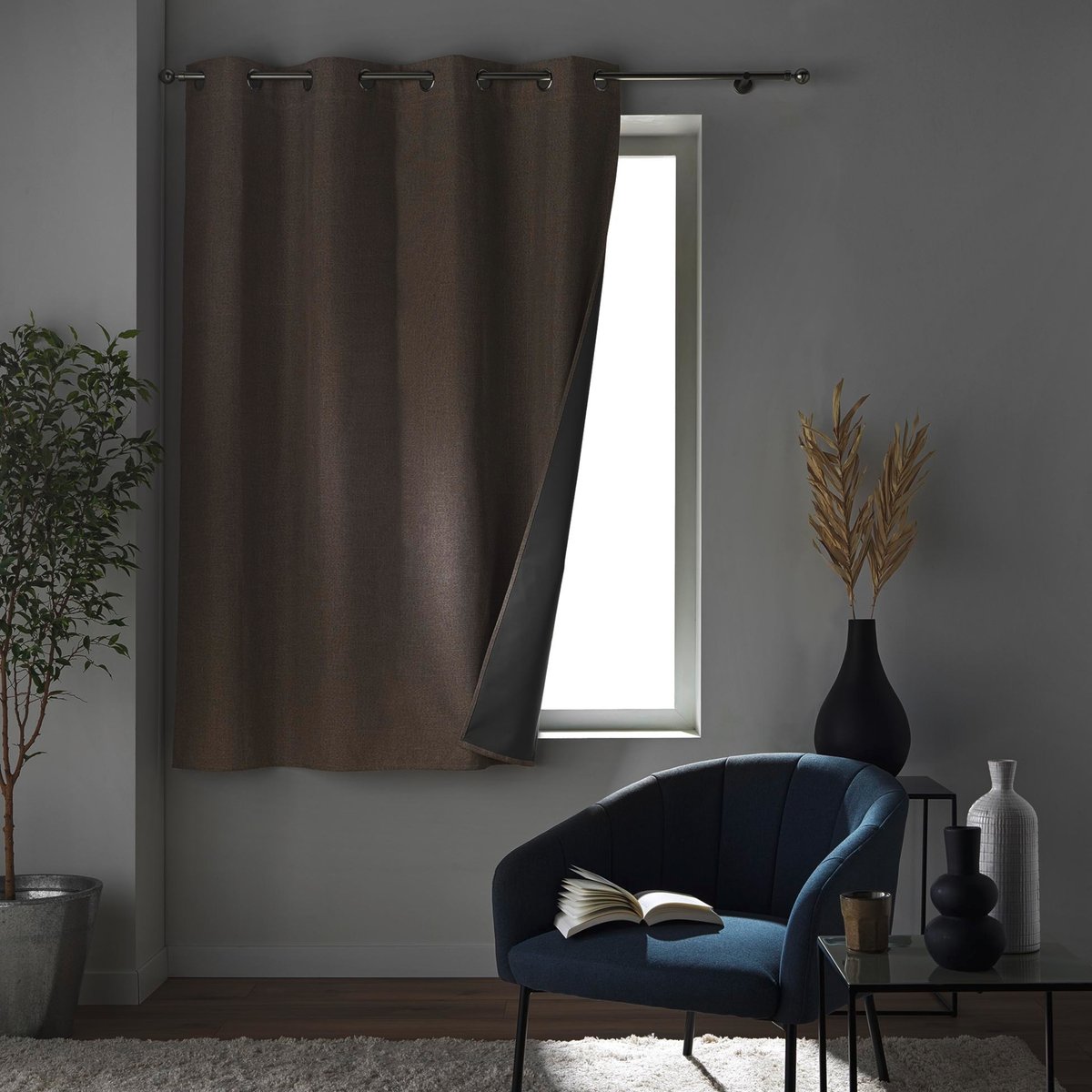 Rideau court occultant à œillets en chambray uni lin, DOUCEUR D'INTÉRIEUR