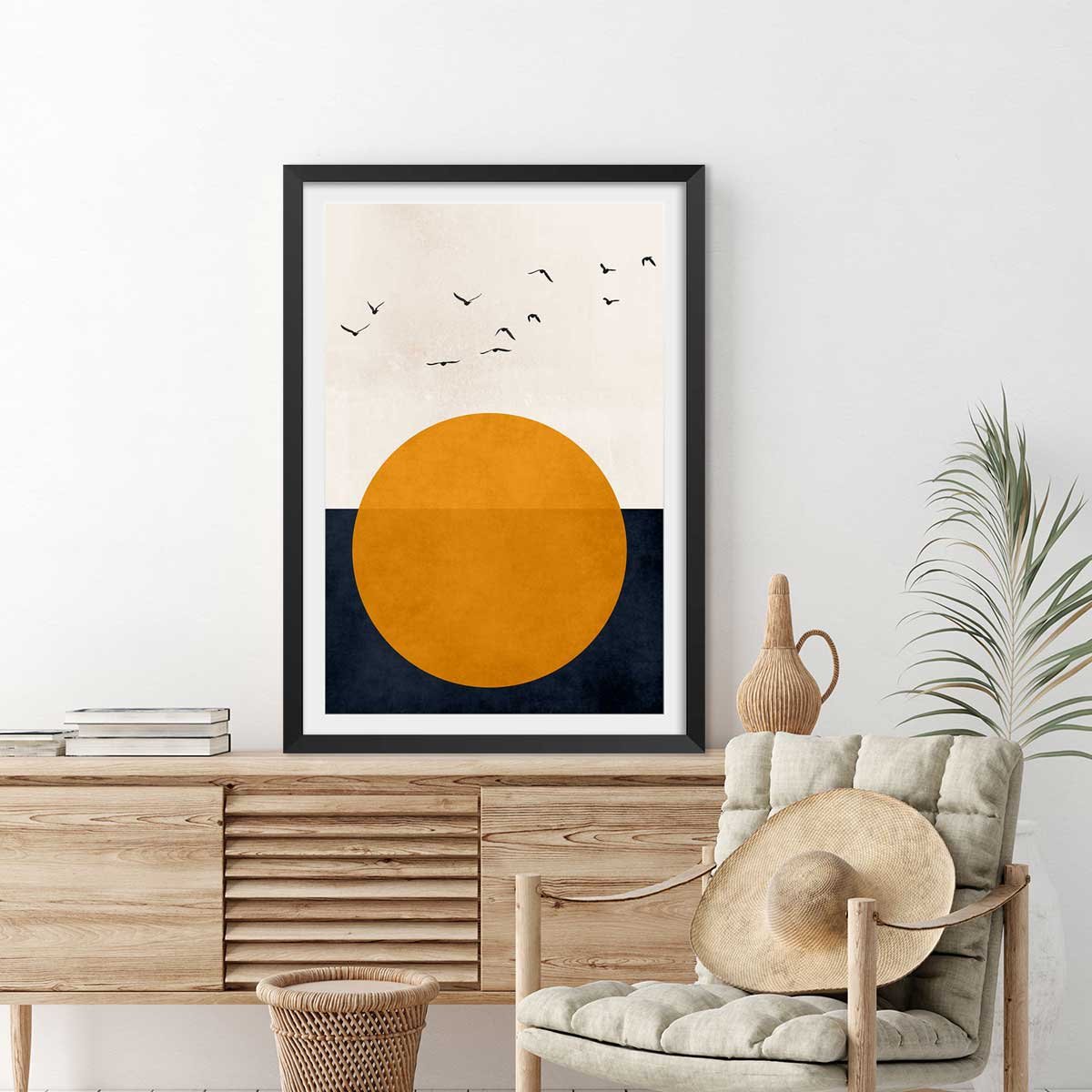 Affiche paysage Soleil couchant affiche + cadre en bois - noir, HEXOA